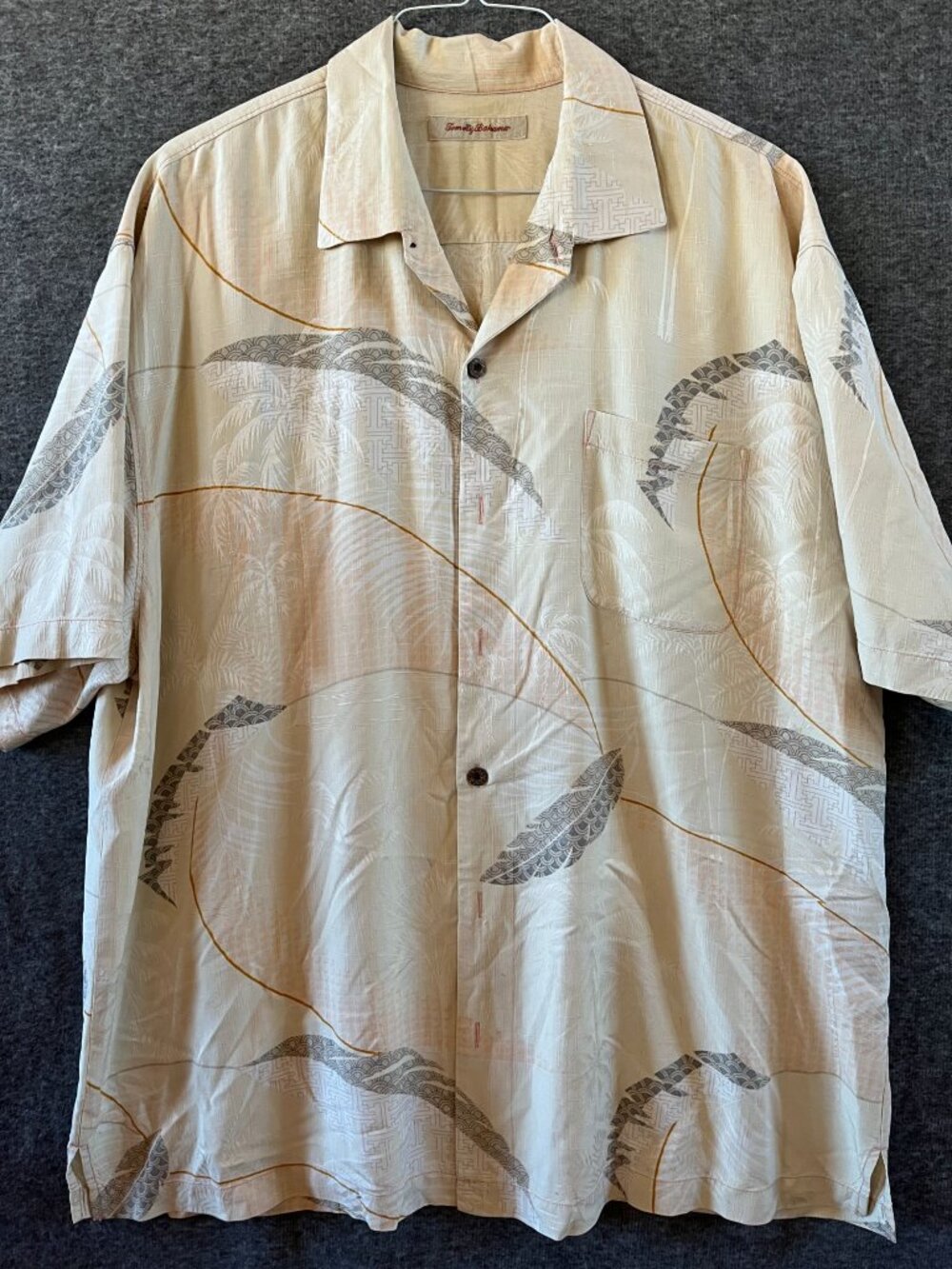 Tommy Bahama hawaiian short sleeve mens 2XL 100% silk cream beige textured palms